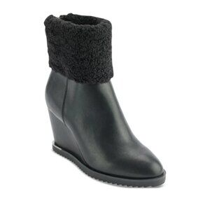 DKNY Powell Wedge Booties Black Faux Fur Trim - Size 8